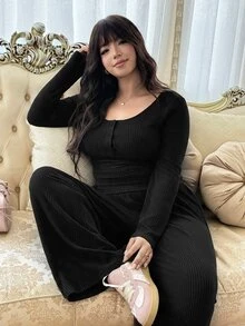 GalTyme 秋冬休閒大尺碼女款鈕扣半開襟長袖T恤與寬腿褲2件套 - 黑色 - 查看 6