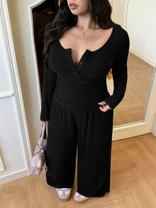 GalTyme 秋冬休閒大尺碼女款鈕扣半開襟長袖T恤與寬腿褲2件套 - 黑色 - 查看 2
