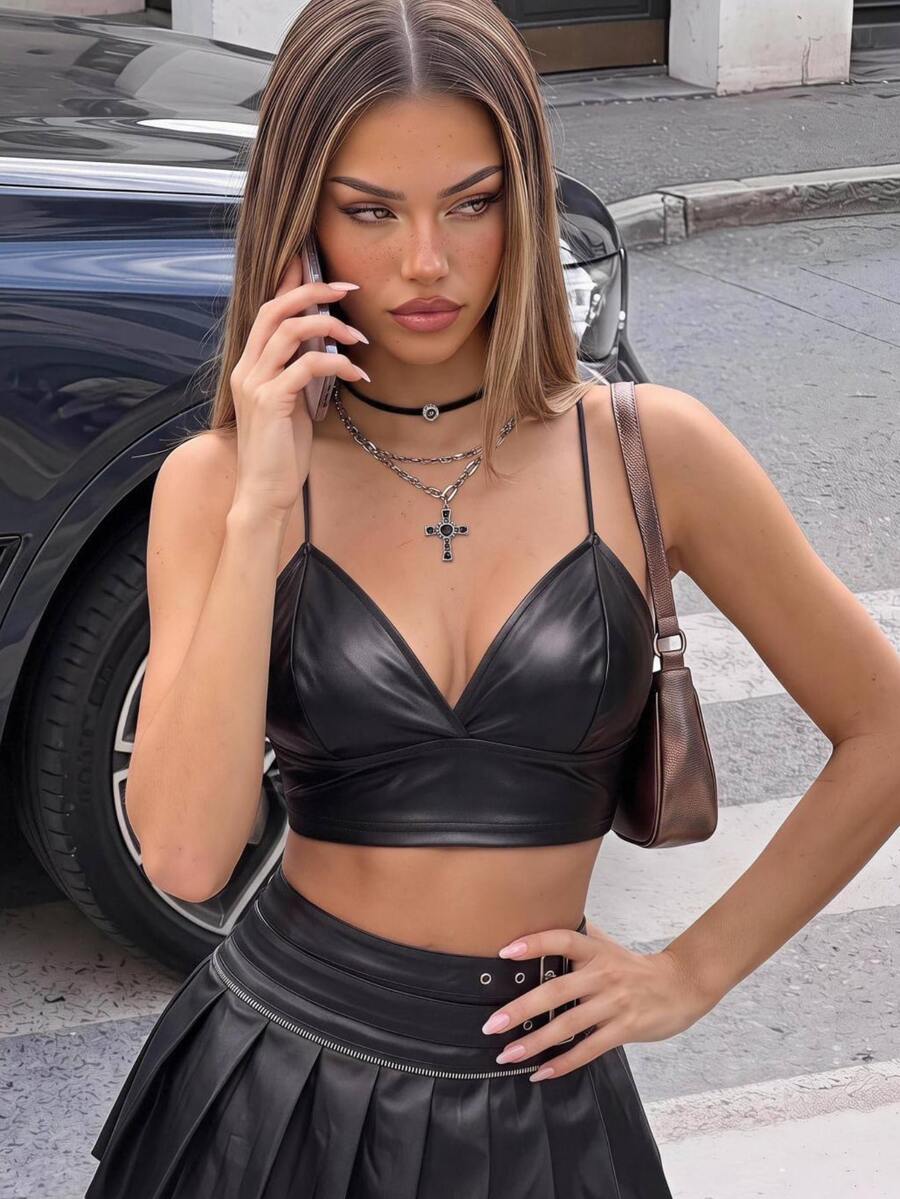 SHEIN ICON PU Leather Cropped Suspender Slim Top - Black - View 1