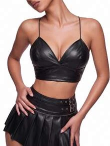 SHEIN ICON PU Leather Cropped Suspender Slim Top - Black - View 7