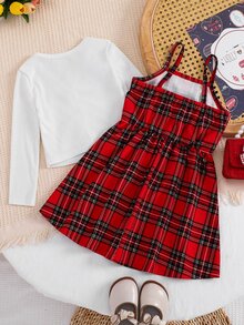 SHEIN 女童針織素色休閒開襟衫與格紋肩帶洋裝 2 件套 - 彩色 - 查看 6