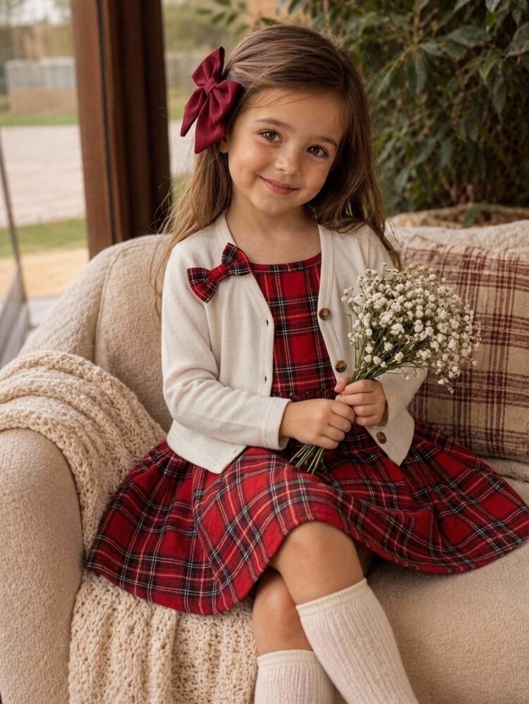 SHEIN Young Girl Knit Solid Color Casual Cardigan And Plaid Strap Dress 2 Pieces Set - Multicolor - View 7