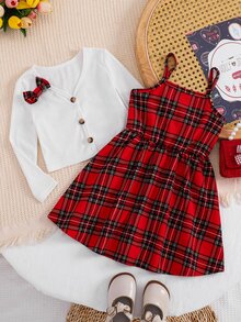 SHEIN 女童針織素色休閒開襟衫與格紋肩帶洋裝 2 件套 - 彩色 - 查看 5