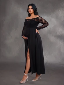 SHEIN Plus Size Maternity Elegant Party Dress With Lace Ruffle Off-Shoulder Long Sleeve Double Layer Design A-Line Skirt With Thigh Slit Black Knit Dress - Black - View 5