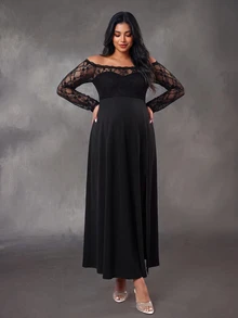 SHEIN Plus Size Maternity Elegant Party Dress With Lace Ruffle Off-Shoulder Long Sleeve Double Layer Design A-Line Skirt With Thigh Slit Black Knit Dress - Black - View 4