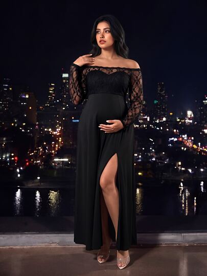 SHEIN Plus Size Maternity Elegant Party Dress With Lace Ruffle Off-Shoulder Long Sleeve Double Layer Design A-Line Skirt With Thigh Slit Black Knit Dress