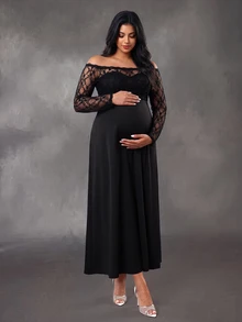 SHEIN Plus Size Maternity Elegant Party Dress With Lace Ruffle Off-Shoulder Long Sleeve Double Layer Design A-Line Skirt With Thigh Slit Black Knit Dress - Black - View 2