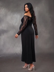 SHEIN Plus Size Maternity Elegant Party Dress With Lace Ruffle Off-Shoulder Long Sleeve Double Layer Design A-Line Skirt With Thigh Slit Black Knit Dress - Black - View 3
