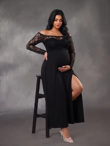 SHEIN Plus Size Maternity Elegant Party Dress With Lace Ruffle Off-Shoulder Long Sleeve Double Layer Design A-Line Skirt With Thigh Slit Black Knit Dress - Black - View 7