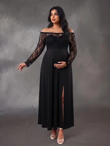 SHEIN Plus Size Maternity Elegant Party Dress With Lace Ruffle Off-Shoulder Long Sleeve Double Layer Design A-Line Skirt With Thigh Slit Black Knit Dress - Black - View 6