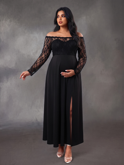 SHEIN ชุดเดรสปาร์ตี้หรูหราสำหรับคนท้องไซส์ใหญ่ ดีไซน์เปิดไหล่ แขนยาว แต่งลูกไม้ระบาย สองชั้น ทรงเอไลน์ กระโปรงผ่าต้นขา ผ้าถักสีดำ