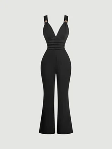 SHEIN MOD Women's Elegant Commute Night Out Solid Color Sleeveless Jumpsuit Black Summer - Black - View 8