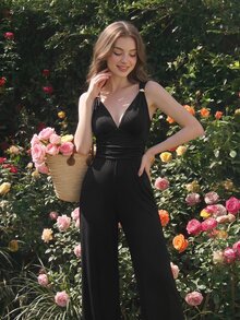 SHEIN MOD Women's Elegant Commute Night Out Solid Color Sleeveless Jumpsuit Black Summer - Black - View 3