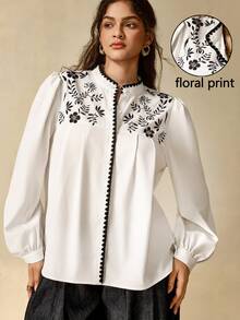 Nubod Plus Size Women's Floral Print Puff Long Sleeve Elegant Blouse Fall - White - View 1