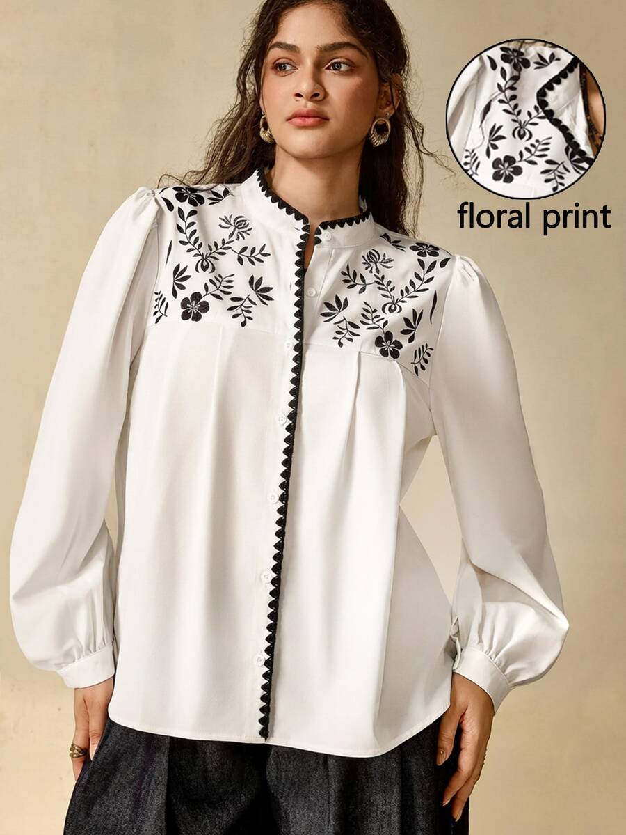 Nubod Plus Size Women's Floral Print Puff Long Sleeve Elegant Blouse Fall - White - View 1
