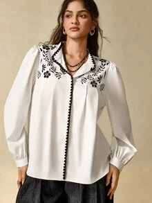 Nubod Plus Size Women's Floral Print Puff Long Sleeve Elegant Blouse Fall - White - View 6