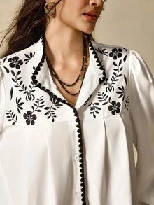 Nubod Plus Size Women's Floral Print Puff Long Sleeve Elegant Blouse Fall - White - View 3