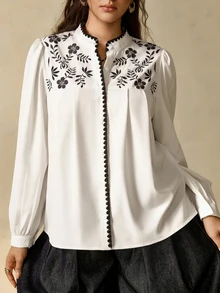 Nubod Plus Size Women's Floral Print Puff Long Sleeve Elegant Blouse Fall - White - View 5