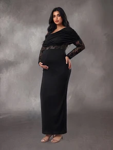 Cheriluna Maternity فستان حمل أنيق من الدانتيل المرقع بقصة ضيقة مقاس كبير - الأسود - مشاهدة 7