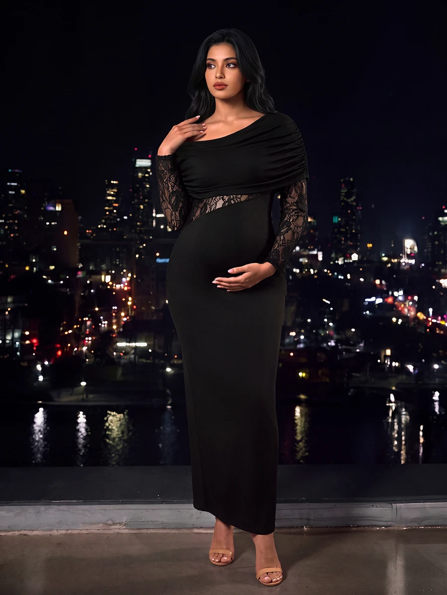 Cheriluna Maternity فستان حمل أنيق من الدانتيل المرقع بقصة ضيقة مقاس كبير - الأسود - مشاهدة 1