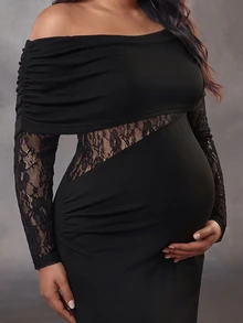 Cheriluna Maternity فستان حمل أنيق من الدانتيل المرقع بقصة ضيقة مقاس كبير - الأسود - مشاهدة 6
