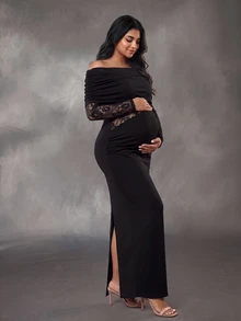 Cheriluna Maternity فستان حمل أنيق من الدانتيل المرقع بقصة ضيقة مقاس كبير - الأسود - مشاهدة 5
