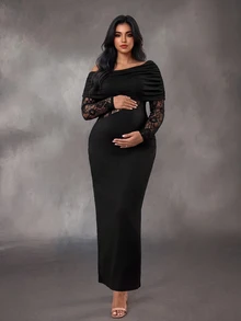 Cheriluna Maternity فستان حمل أنيق من الدانتيل المرقع بقصة ضيقة مقاس كبير - الأسود - مشاهدة 2