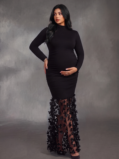 Cheriluna Maternity Plus Size Maternity Elegant Elegant Long Sleeve Dress With Small Stand Collar, Slim Fit Front Pleated Design, A-Line Hem, Woven 3D Floral Mesh Fabric Dress For Photoshoot, Party And Banquet