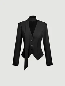 SHEIN MOD 女款純色長袖單排扣夾克配對比蕾絲裙優雅休閒套裝，辦公商務黑色夏季款 - 黑色 - 查看 6