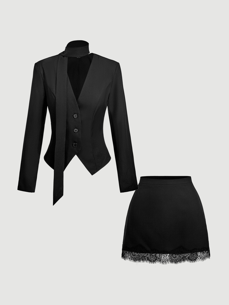 SHEIN MOD Women's Solid Color Long Sleeve Single-Breasted Jacket And Contrast Lace Skirt Elegant Suit Set - Black - View 3