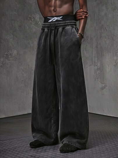 NEON BLANC Men's Casual Loose Long Pants, Spring/Autumn/Summer, Standard Size, Embroidered Black Acid Wash