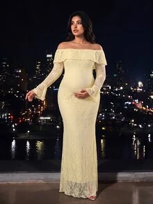 Cheriluna Maternity Plus Size Maternity Elegant Sexy Party Photoshoot Photo Dress With Ruffle Long Sleeves, Ruffle Neckline, Double Layer Design, Fishtail Pink Lace Fall - Yellow - View 1