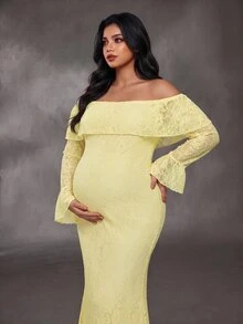 Cheriluna Maternity Plus Size Maternity Elegant Sexy Party Photoshoot Photo Dress With Ruffle Long Sleeves, Ruffle Neckline, Double Layer Design, Fishtail Pink Lace Fall - Yellow - View 6