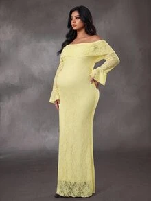 Cheriluna Maternity Plus Size Maternity Elegant Sexy Party Photoshoot Photo Dress With Ruffle Long Sleeves, Ruffle Neckline, Double Layer Design, Fishtail Pink Lace Fall - Yellow - View 7