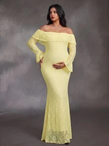 Cheriluna Maternity Plus Size Maternity Elegant Sexy Party Photoshoot Photo Dress With Ruffle Long Sleeves, Ruffle Neckline, Double Layer Design, Fishtail Pink Lace Fall - Yellow - View 4