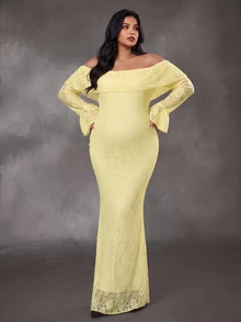 Cheriluna Maternity Plus Size Maternity Elegant Sexy Party Photoshoot Photo Dress With Ruffle Long Sleeves, Ruffle Neckline, Double Layer Design, Fishtail Pink Lace Fall - Yellow - View 5