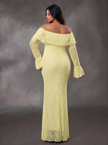 Cheriluna Maternity Plus Size Maternity Elegant Sexy Party Photoshoot Photo Dress With Ruffle Long Sleeves, Ruffle Neckline, Double Layer Design, Fishtail Pink Lace Fall - Yellow - View 3