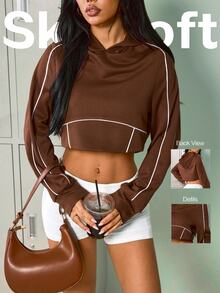 Sovereign Charm Brown Base White Trim Inset Short Sports Sweatshirt, Contrast Binding Long Sleeve Slim Fit Casual Athletic Top - Brown - View 1
