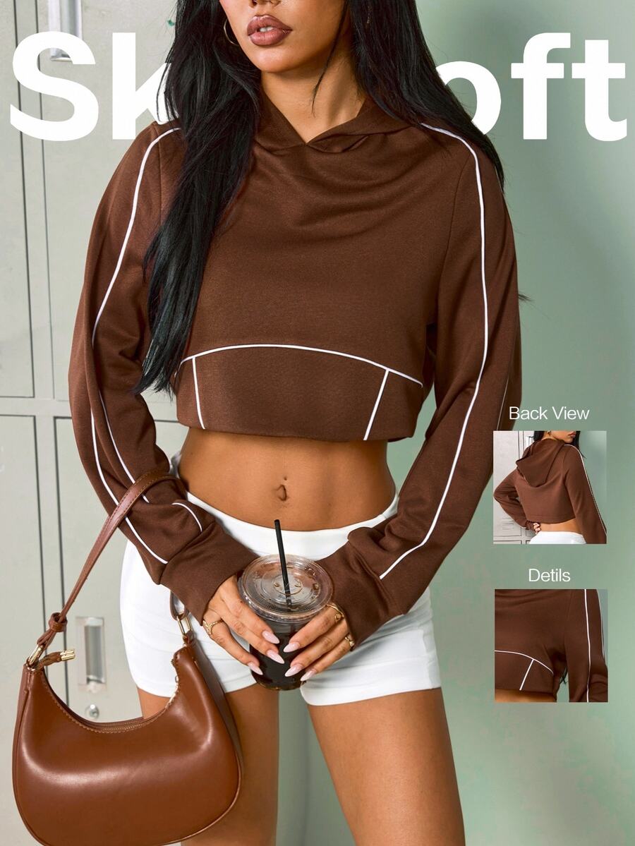 Sovereign Charm Brown Base White Trim Inset Short Sports Sweatshirt, Contrast Binding Long Sleeve Slim Fit Casual Athletic Top - Brown - View 1