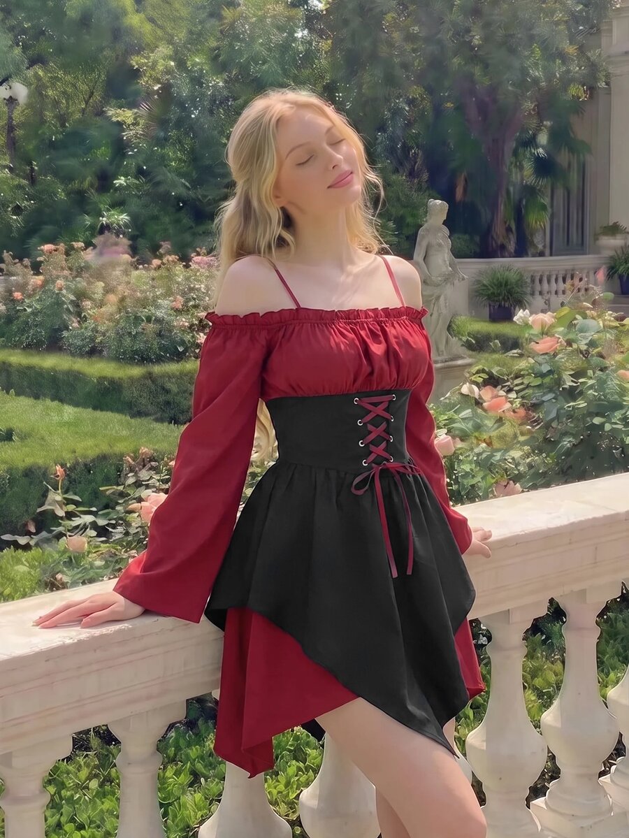 SHEIN MOD Asymmetrical Hem Flare Sleeve Off Shoulder Red And Black Short Dress Halloween Photoshoot Date Autumn Cottagecore - Red and Black - View 1