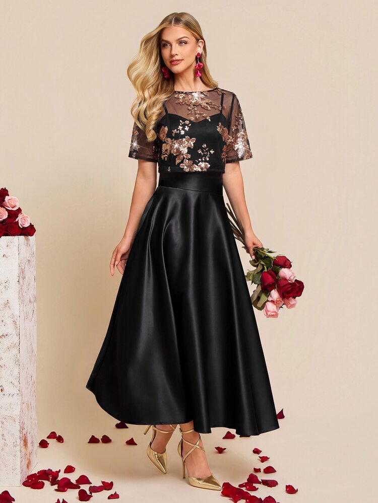 Amorya Women's Sheer Sequin Top And Long Skirt Elegant Two Pieces Set - Black - View 3