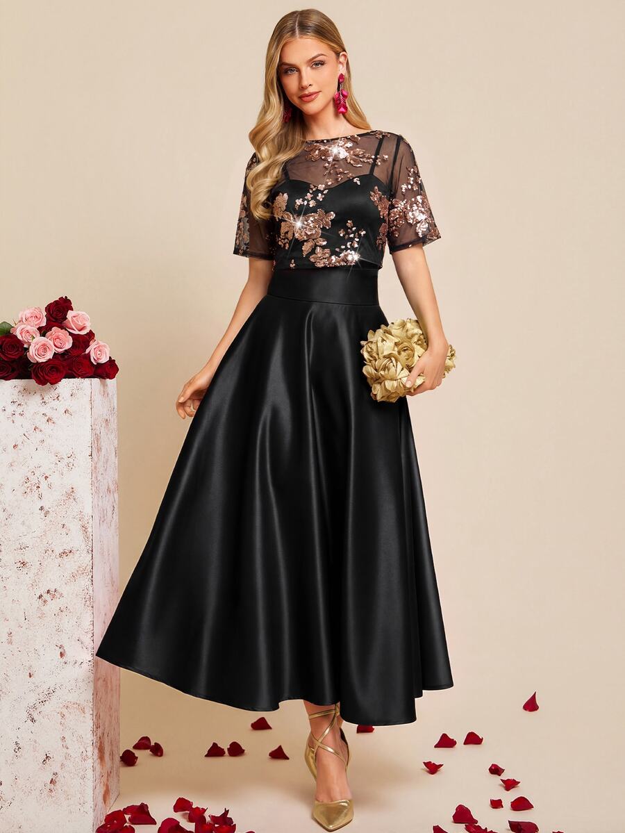 Amorya Women's Sheer Sequin Top And Long Skirt Elegant Two Pieces Set - Black - View 1