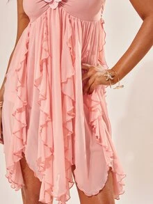Radiana Women's Elegant Light Pink Strapless Mini Dress,Seductive Backless Flowy Ruffle Hem,Butterfly Orchid Floral Summer Vacation Holiday Party Dress - Coral Pink - View 7