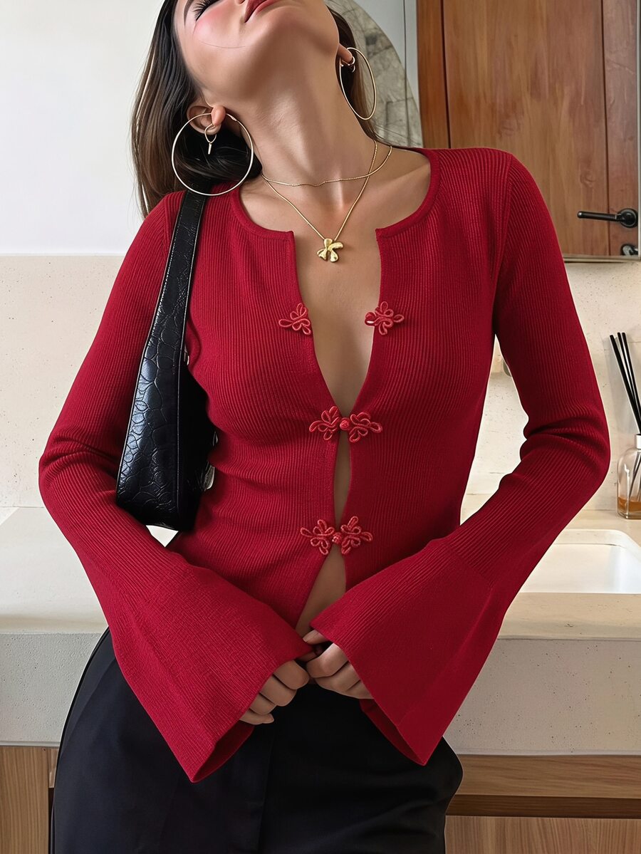 SHEIN MOD 女款修身針織開襟外套,喇叭袖、前鈕扣設計,酒紅色,秋季復古優雅,適合夜晚外出與約會之夜 - 紅色 - 查看 1