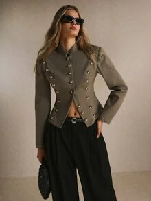 Poéselle Women's Gold Studded Stand Collar Fitted Blazer ,Work Outfits,Napoleon,Winter Jacket,Going Out Tops,Elegant Chic Office Jacket Fall Winter - Mocha Brown - View 6