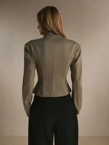 Poéselle Women's Gold Studded Stand Collar Fitted Blazer ,Work Outfits,Napoleon,Winter Jacket,Going Out Tops,Elegant Chic Office Jacket Fall Winter - Mocha Brown - View 9