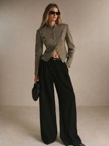 Poéselle Women's Gold Studded Stand Collar Fitted Blazer ,Work Outfits,Napoleon,Winter Jacket,Going Out Tops,Elegant Chic Office Jacket Fall Winter - Mocha Brown - View 5