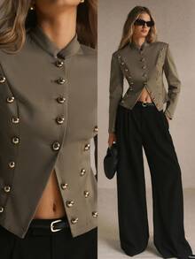 Poéselle Women's Gold Studded Stand Collar Fitted Blazer ,Work Outfits,Napoleon,Winter Jacket,Going Out Tops,Elegant Chic Office Jacket Fall Winter - Mocha Brown - View 2