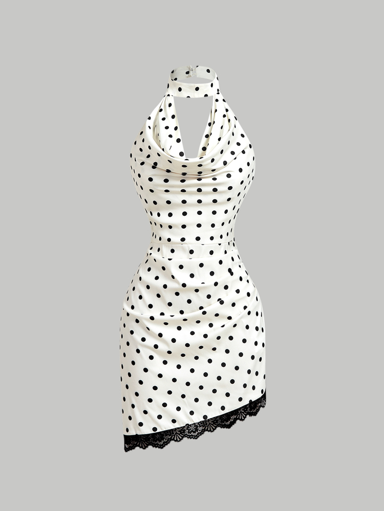 SHEIN MOD Women's Cowl Neck Polka Dot Contrast Lace Fashion Halter Short Dress - Black and White - View 3