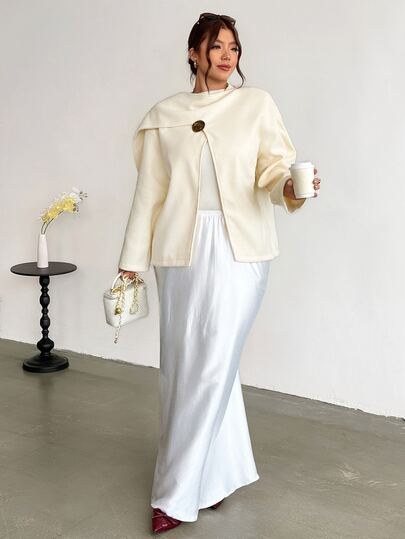 Firerie Plus Size Women's Autumn/Winter Elegant Minimalist Commuter Street Fashion Urban Teacher Outfit Scarf Collar Metal Decor Long Sleeve White Overcoat